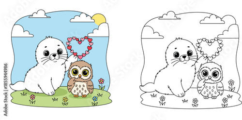 Cute Cartoon Baby Seal and Owl Best Friends with a Heart Symbol in a Green Field, Kids Illustration of Animal Friendship with Blue Sky and Sunny Day Background