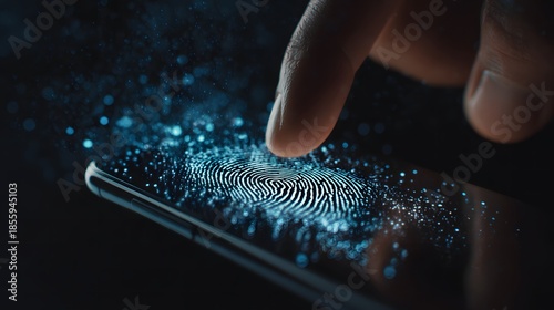 A glowing digital fingerprint on the smartphone screen represents biometric authentication, secure mobile access, data protection, cybersecurity, and modern digital identity technology.