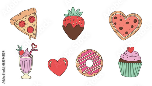 Sweet Delights: Assortment of delectable treats, each crafted with love, includes pizza slice, chocolate-dipped strawberry, heart-shaped pizza, milkshake with hearts, a heart, donut, and cupcake.
