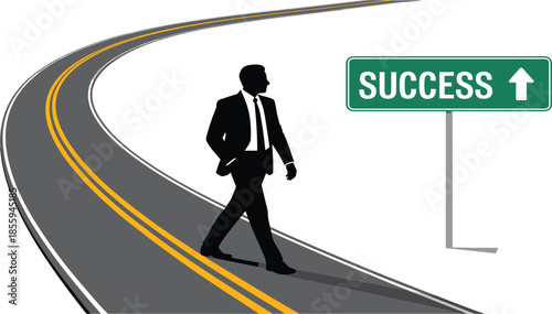 Professional Businessman Walking Toward Success Road Sign Vector Illustration for Career Growth and Achievement Concepts