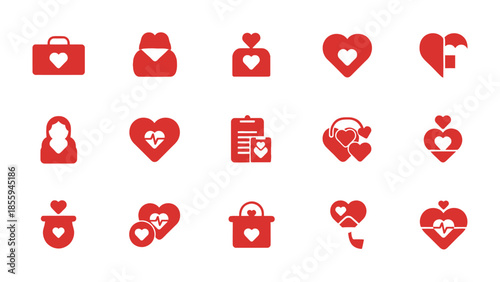 Love Symbols Icons: A collection of heart-shaped symbols, evoking feelings of love, compassion, and affection. The minimalist design in red hue offers a visual representation of affection and unity