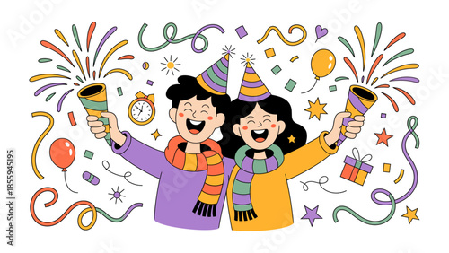 Celebratory Moment: A lively scene unfolds as two friends lightheartedly celebrate a festive occasion. Joy and excitement fill the air, accompanied by cheerful decorations