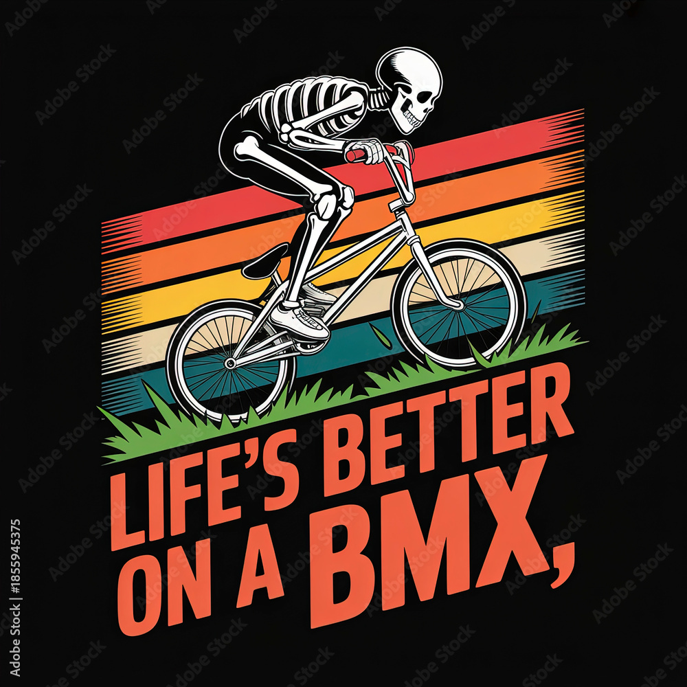 Obraz premium Skeleton riding a BMX bike with colorful background