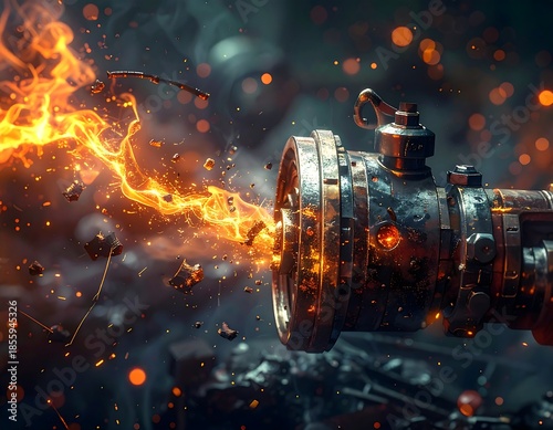Close-up of a metal pipe spewing vibrant orange flames and sparks, suggesting powerful energy, set against a dark, smokey backdrop