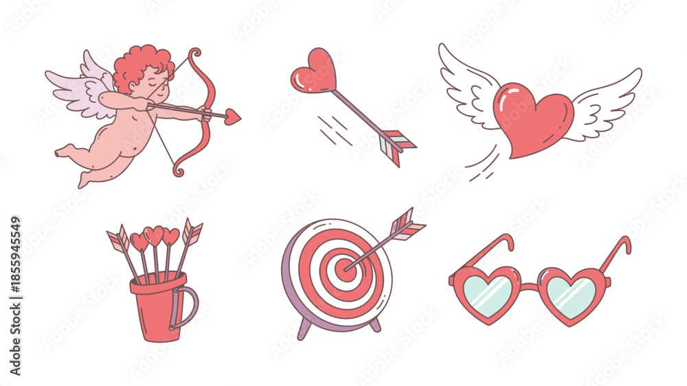 Αυτοκόλλητο Valentine's Day Icon Set: A collection of charming Valentine's Day icons, featuring a cupid aiming his bow, a heart-tipped arrow in flight, a winged heart, a quiver of arrows, a bullseye