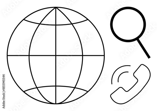 Globe representing connectivity, magnifying glass symbolizing search, and phone icon for communication. Ideal for networking, internet, technology, connectivity, customer support, global outreach