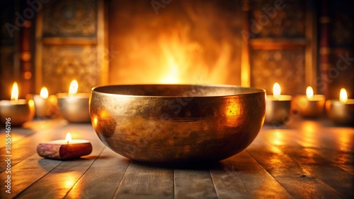 Large metallic Tibetan singing bowl on wooden surface surrounded by lit candles and warm firelight. Wellness, meditation, sound healing, and relaxation.