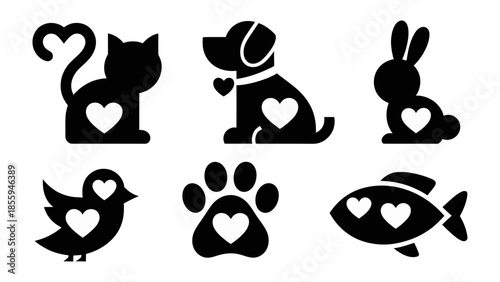 Love for Pets Silhouette: a collection of silhouettes showcases the bond of love shared with beloved pets and animals, featuring a cat, dog, rabbit, bird, paw, and fish.
