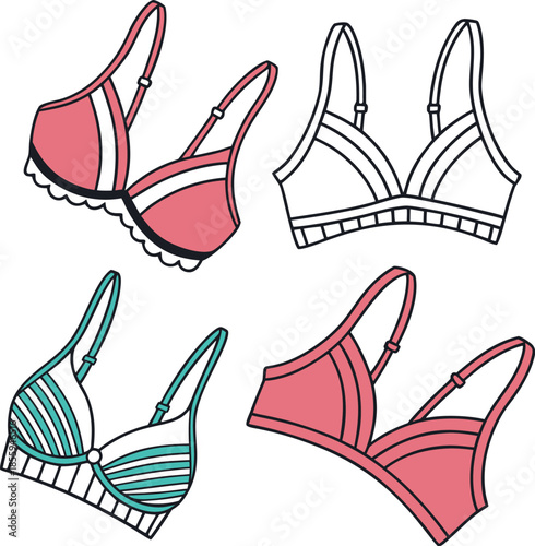 Colorful vector bra icon set modern lingerie bra, vector illustration of a set of abstract hand drawn waves.