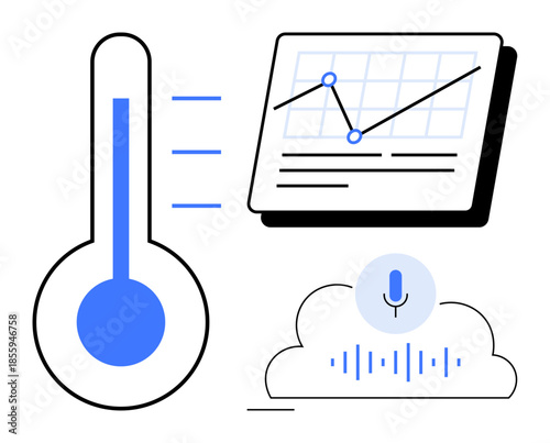 Thermometer measuring temperature, chart showing data trends with dots, cloud and microphone with waveform. Ideal for analytics, technology, smart devices, IoT, monitoring, weather automation