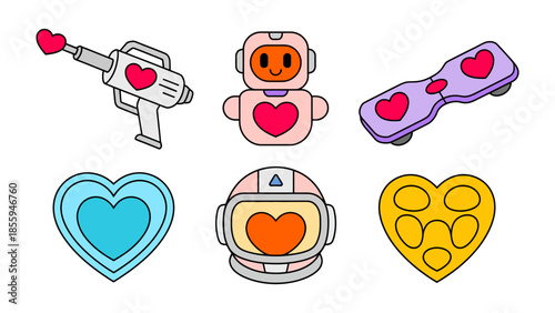 Love in the Digital Age: Whimsical illustrations blend modern technology with classic symbols of love, showcasing a unique and playful perspective.