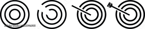  Black spiral circles isolated vector illustration set. the arrow is stuck in the circle.