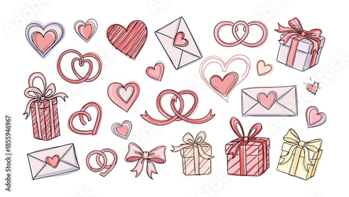 Love's Delicate Whispers: An assortment of handcrafted symbols of love in a captivating display of romance, featuring hearts, letters, gift boxes and entwined rings.