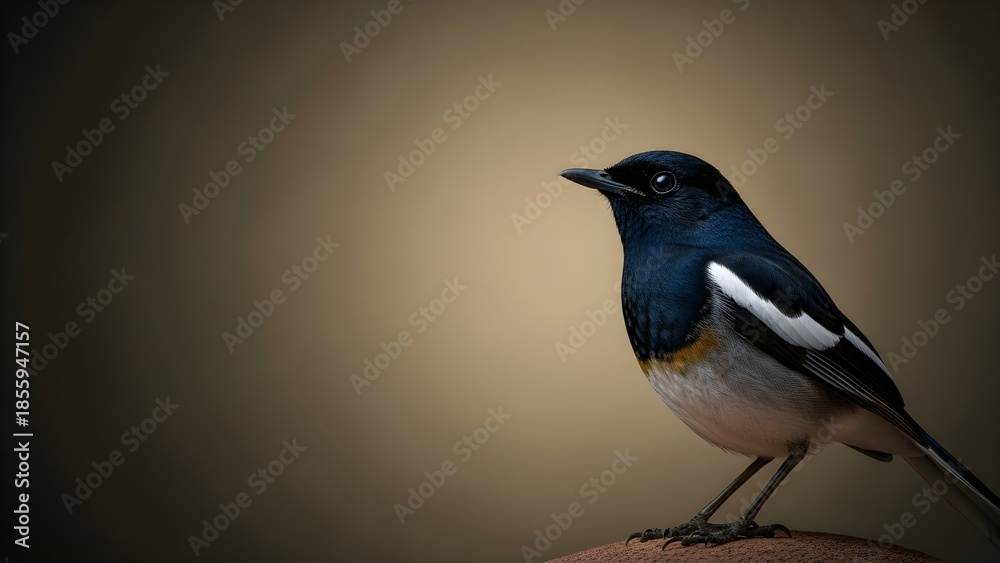Obraz premium Close-up portrait of a striking Oriental Magpie Robin bird perched on a surface with a blurred background