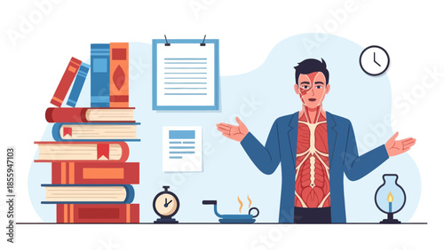 Dynamic academic presentation with stacked books, scientific elements, and a confident speaker