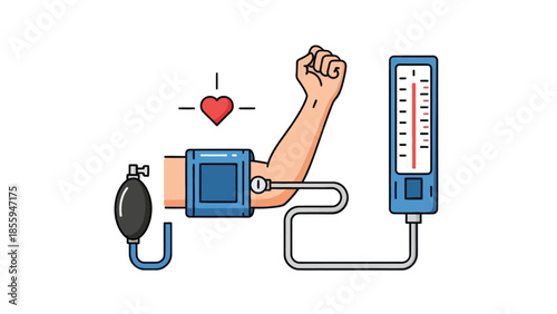Illustration of a person’s arm with blood pressure cuff and monitor showing vital signs in a