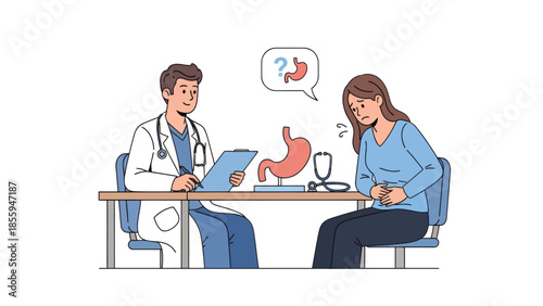 Medical consultation illustrating patient discussing stomach discomfort with healthcare professional