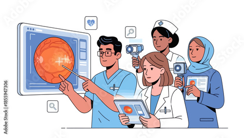 team of doctors analyzing medical images using digital technology and advanced imaging tools in a