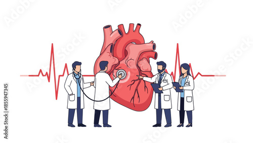 Medical team analyzing a detailed illustration of a human heart with healthcare professionals