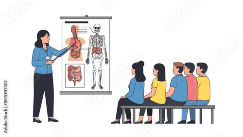 Educational anatomy class with female instructor explaining human internal organs to students in a