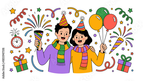 Celebratory Moment: A lively illustration captures a cheerful couple embracing, surrounded by festive elements like confetti, balloons, and gifts, embodying the spirit of celebration and joy.