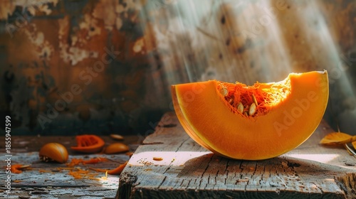 Artistic Photo of Sliced Pumpkin with Glowing Orange Interior on Rustic Background

