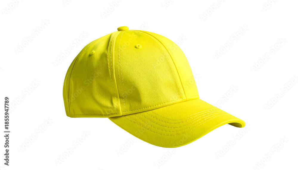 Fototapeta premium A vibrant yellow baseball cap is showcased against a stark black background. It appears ready to wear, with its curved brim and structured form