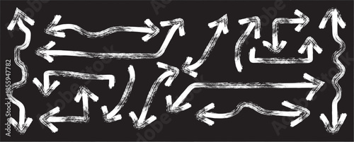 Arrow vector elements hand drawn arrows brush stroke curly arrow collection, pencil scribble shape with vintage charcoal crayon texture. Hand drawn pointers. Curved and wavy brush strokes.