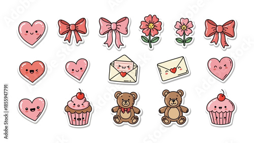 Love's Sweetest Tokens: A delightful collection of Valentine's Day stickers, featuring hearts, bows, flowers, teddy bears and cupcakes, symbolizing affection and joy.