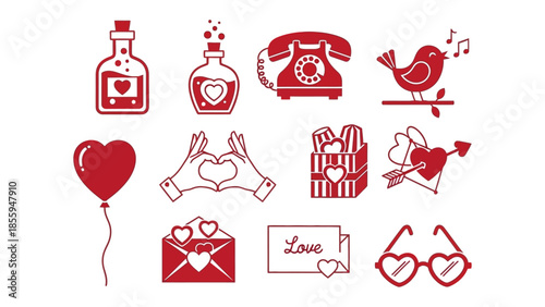 Valentine's Day Icon Set: A charming set of red icons captures the essence of love and romance, featuring a heart-shaped balloon, love potion, antique telephone, singing bird, heart hands, gift box.