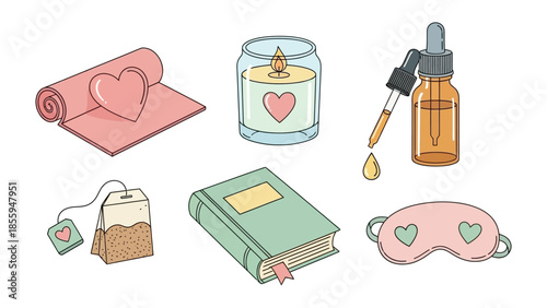 Serene Self-Care Collection: A curated selection of items designed for a moment of peace, including yoga mat, candle, essential oil, tea bag, book, and eye mask. Inviting relaxation.