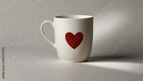 White cup with red heart on it side on white surface with.