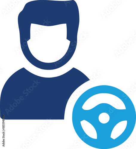A blue icon depicting a driver with a steering wheel symbol
