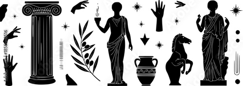 Isolated greek statues in modern style. Linear set antique aesthetic statues of mystical god, olive branches, hands, stars, columns, horse and pottery. Creative silhouette for poster design, wall