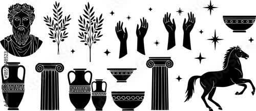 Isolated greek statues in modern style. Linear set antique aesthetic statues of mystical god, olive branches, hands, stars, columns, horse and pottery. Creative silhouette for poster design, wall