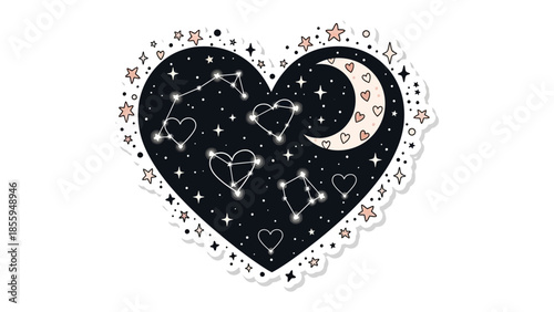 Cosmic Heart: A charming illustration featuring a heart filled with celestial elements, stars, a crescent moon, and constellations, perfect for adding a touch of wonder and magic to any project.