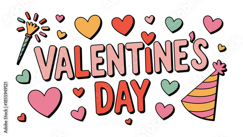 Love's Festive Display: A vibrant illustration of Valentine's Day, adorned with hearts, fireworks, and a celebratory hat, expressing sentiments of affection, and joy.