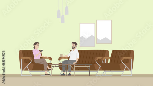 Casual conversation of Adult Couple in a contemporary Classic Mid Life Living Room