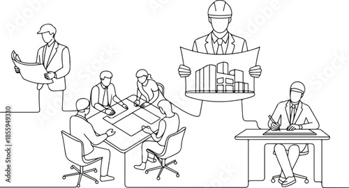 Continuous line art illustration of architects and engineers meeting to review construction blueprints and project plans