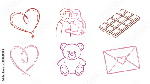Valentine's Day Line Art Collection: A collection of endearing line art symbols representing love, intimacy, and affection. The illustrations capture the essence of romance, including hearts.
