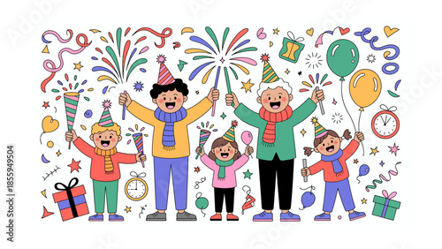 Festive Family Celebration: A vibrant illustration showcasing a multigenerational family, brimming with joy, and celebrating with party hats, confetti, fireworks, and balloons.