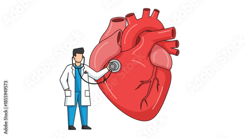 medical illustration of a doctor examining a detailed cartoon heart emphasizing cardiovascular