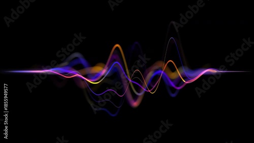 Abstract neon background of glowing sound waves motion. Purple orange and blue neon audio waves, noise frequency, and waveform. Music track and voice recording, audio spectrum. Sound background loop
