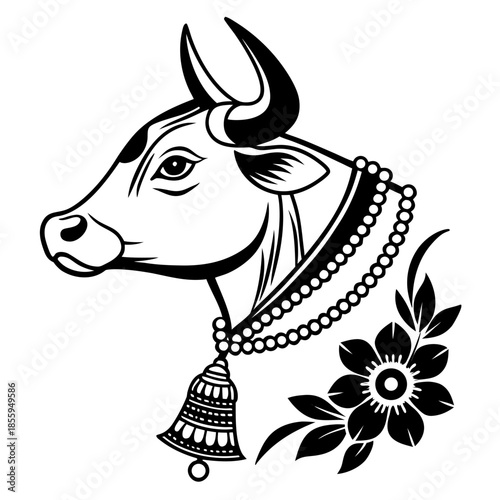 art illustration of a sacred Indian cow (symbolizing prosperity and reverence in Hinduism), adorned with a traditional beaded necklace, ornate bell, and decorative flower.