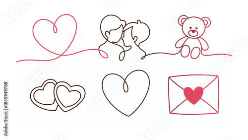 Love's Whispers: Artistic linear drawings portraying a tapestry of love, featuring hearts, couples, a teddy bear, and an envelope, weaving a tale of affection and tenderness. 