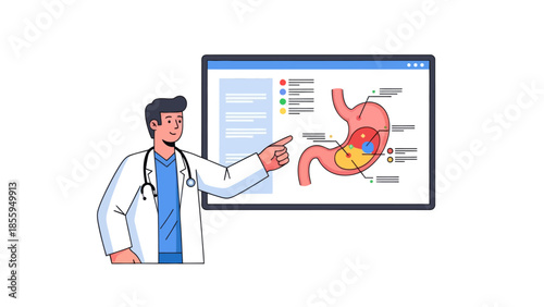 Medical professional explaining stomach health and digestion analysis with digital interface