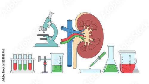 Comprehensive illustration of human kidney anatomy and laboratory scientific tools