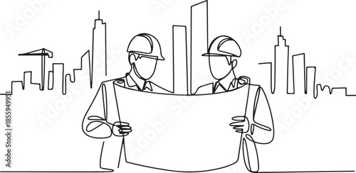 Continuous line art illustration of a young architect collaborating with a foreman on construction design