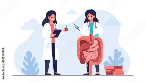 Medical professionals discussing intestinal health with visual gut diagram in a healthcare setting