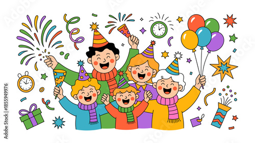 Celebration of Family Moments: A radiant family, adorned in festive attire, joins together to share and cherish moments, amid a backdrop of fireworks, confetti, and balloons.